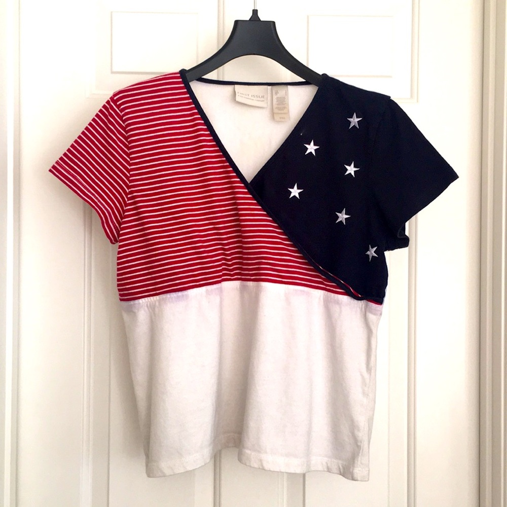 First Issue Top Large White Blue Red Stripes Stars Short Sleeves Tee Patriotic